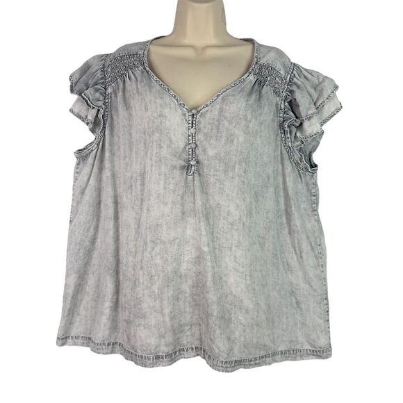 Jane + Delancey Tunic Top Blouse Gray Acid Wash 2X Smocked Ruffle Sleeve Boho - Picture 1 of 13